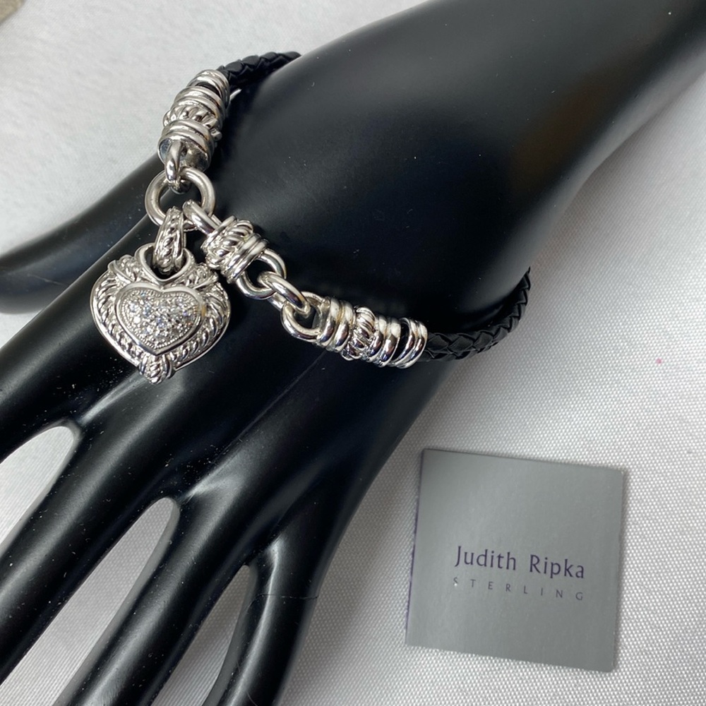 Judith Ripka braided leather cord heart bracelet, sterling silver